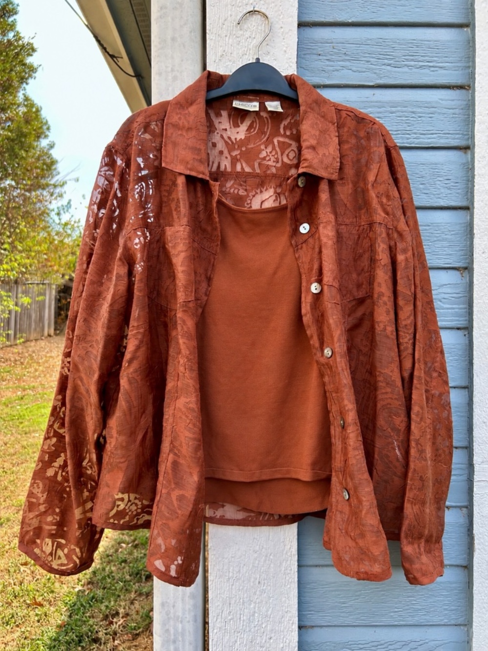 Vintage Chico’s 2 Pc Burnout Floral Shirt & Cami Set Rust Brown Sheer Boho